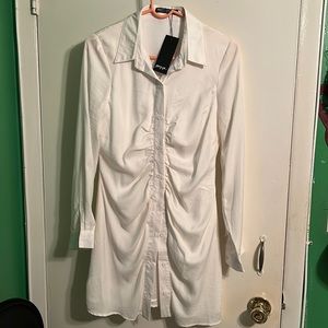 Rouched white satin dress